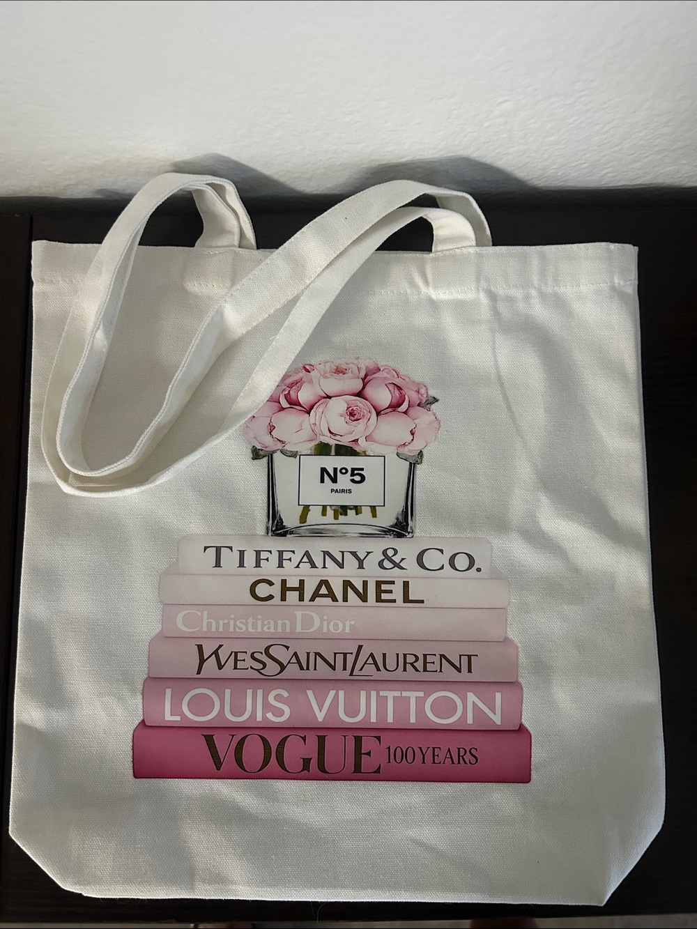 White Canvas Tote with Pink Floral and Book Stack Print